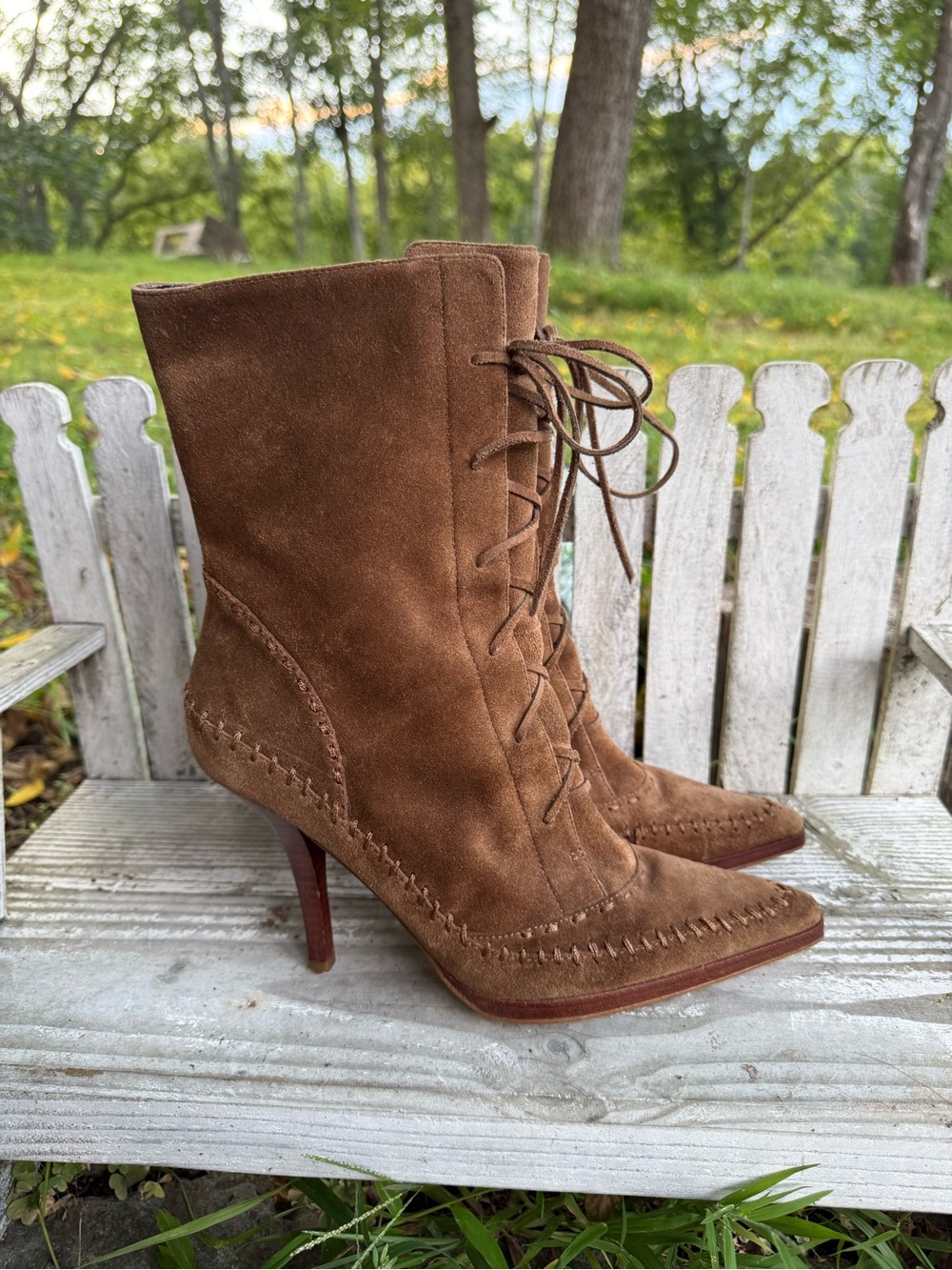 Nine West “Deshanar” Brown Suede Lace-Up Pointed Toe Mid-Calf Boots